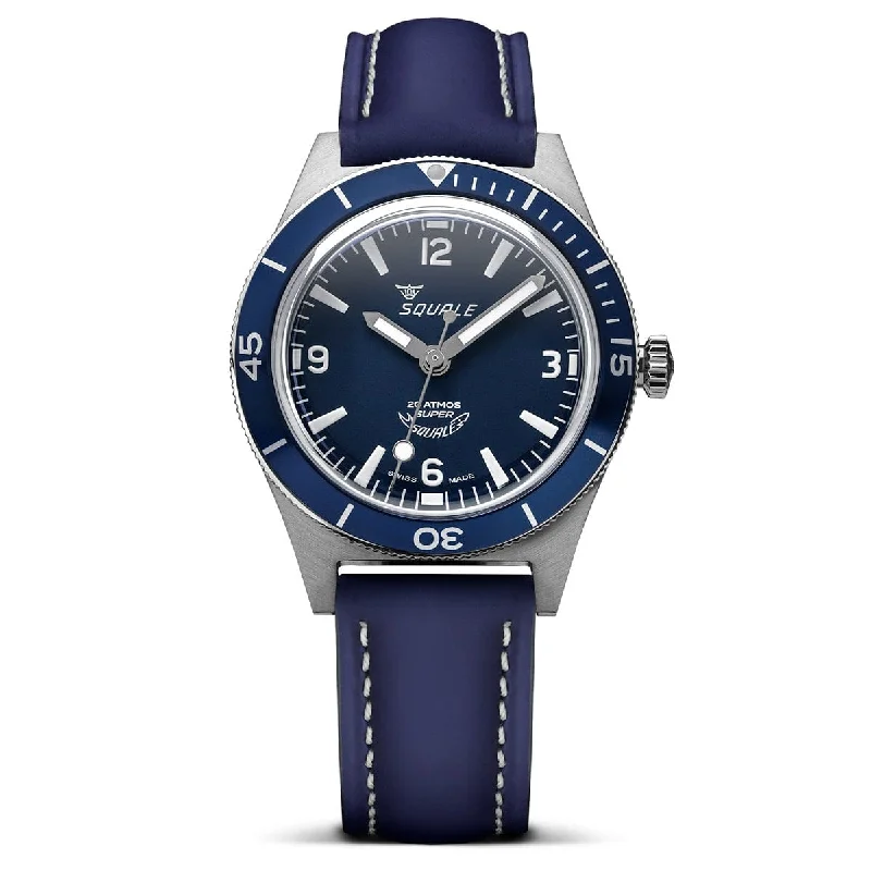 luxury watches for collectors under 500 -Super Squale Arabic Numerals Diver's Watch - Matt Blue Dial - Rubberised Calf Leather Strap