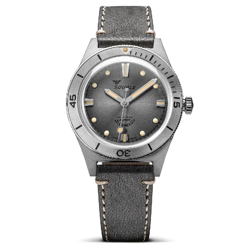 vintage-style watches for men with leather straps -Super Squale Diver's Watch - Sunray Grey Dial - Grey Leather Strap