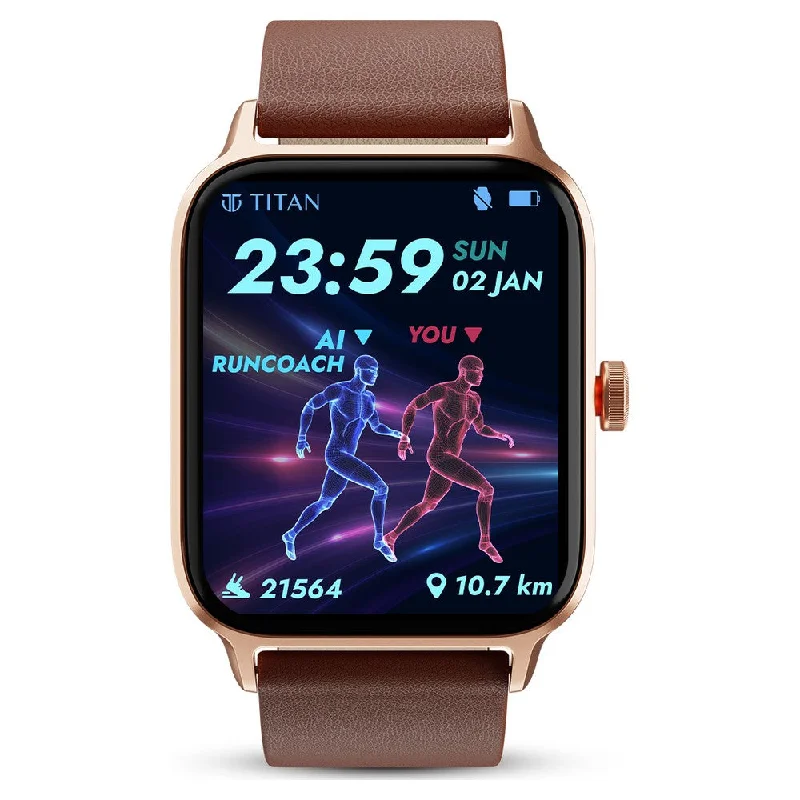 best casual watches for women with leather bands -Titan Traveller with 4.52 cm AMOLED Display, BT Calling, India's First FitVerse Smartwatch with Brown Leather Strap