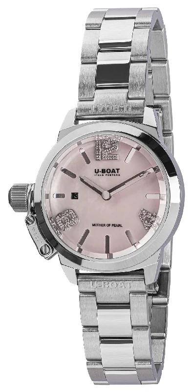 watches with digital display for active lifestyles -U-Boat Classico Stainless Steel Pink Mother-Of-Pearl Dial Diamonds Date Quartz Womens Watch 8898