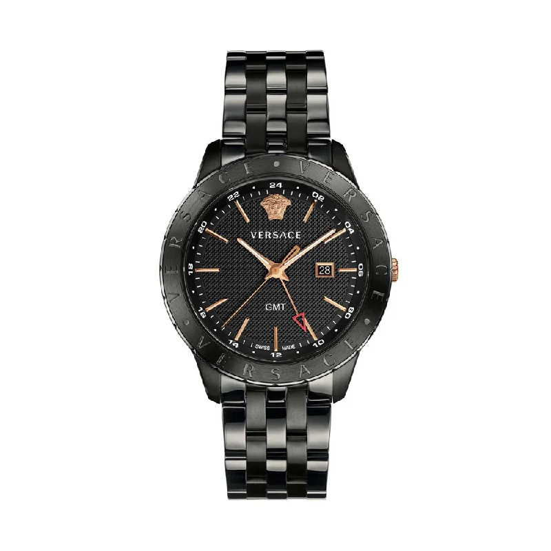 watches for men with black ceramic bands -Versace VEBK00618 Univers GMT Quartz Black Dial Men's Watch